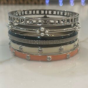 Lia Sophia Silver, Black, Cream, and Orange Bangle Bracelet Bundle